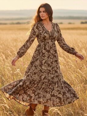 Boho Brown Floral Tiered Maxi Dress with Cream Print